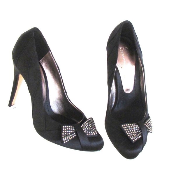 Designer Bourne Black Satin Sparkle Bow Almond Toe High Heel Pumps 8.5 M